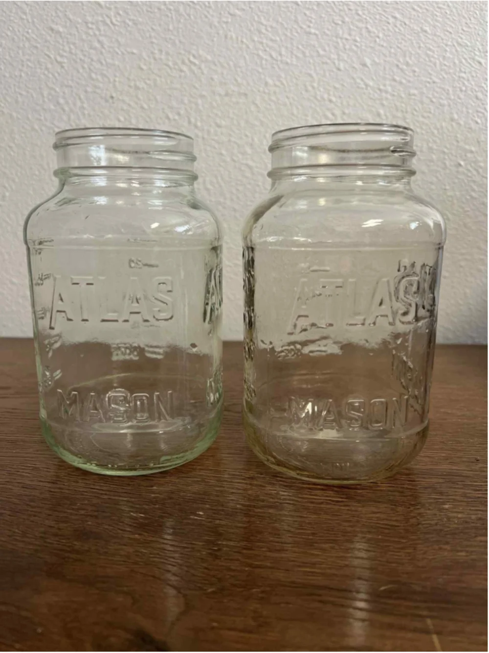 Pair of Vintage Atlas Mason Jars Green Tint & Smoky Clear Glass Farmhouse Decor